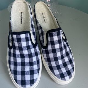 Tommy Bahama Navy Gingham Terry Lined Canvas Mules with Sneaker…